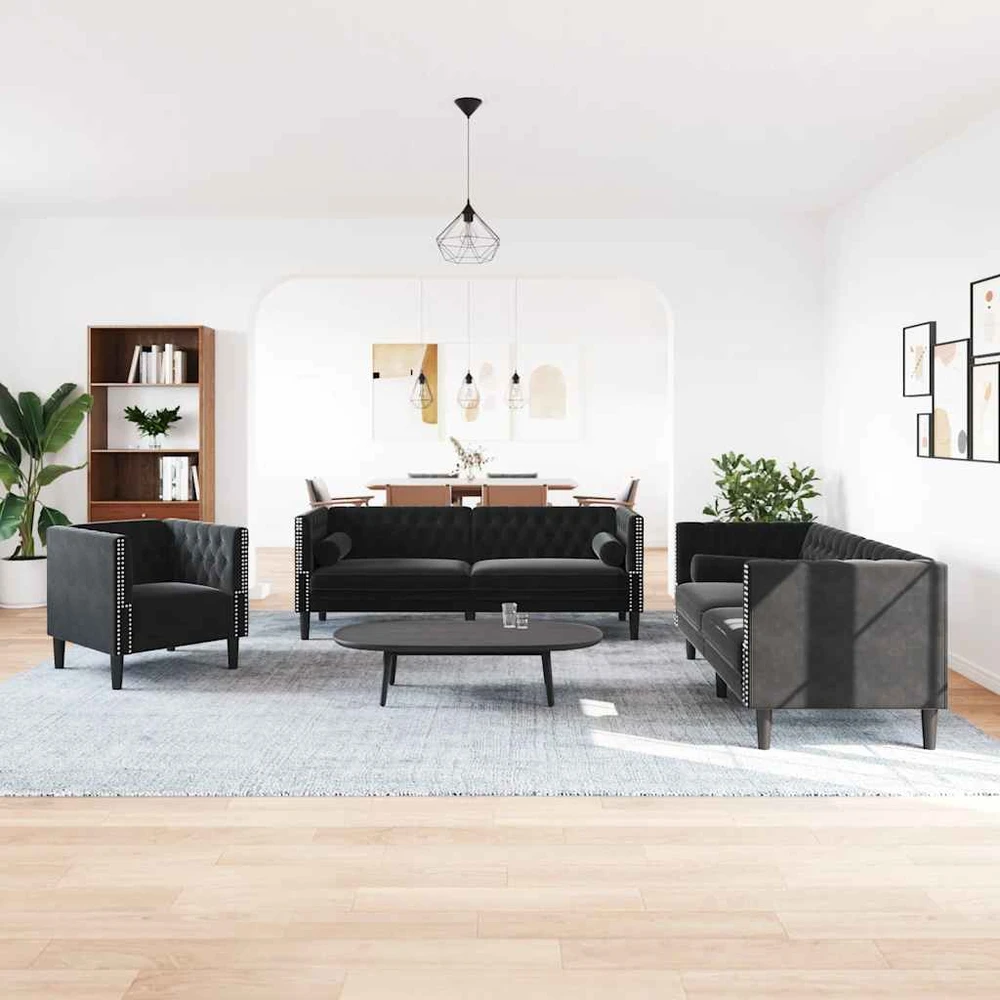 Sofa Chesterfield sofų komplektas su pagalvėlėmis, 3 dalių, juoda