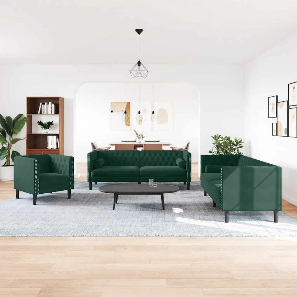 Sofa Chesterfield sofų komplektas su pagalvėlėmis, 3 dalių, žalia
