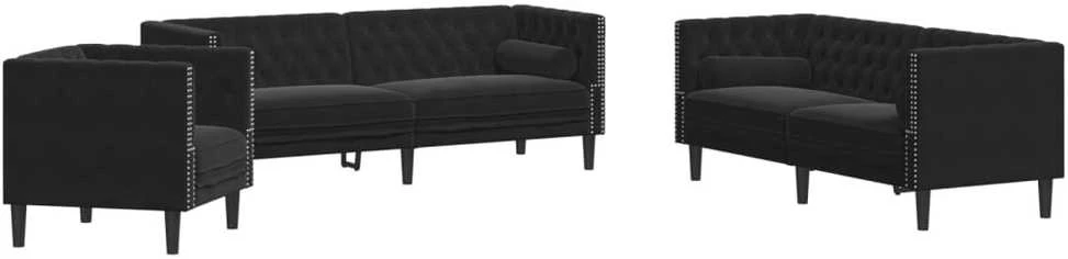 Sofa Chesterfield sofų komplektas su pagalvėlėmis, 3 dalių, juoda