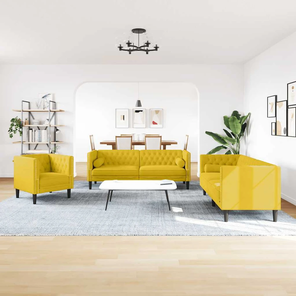 Sofa Chesterfield sofų komplektas su pagalvėlėmis, 3 dalių, geltonas