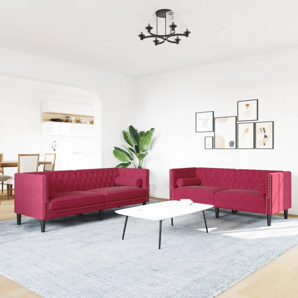 Sofa Chesterfield sofų komplektas su pagalvėlėmis, 2 dalių, raudona
