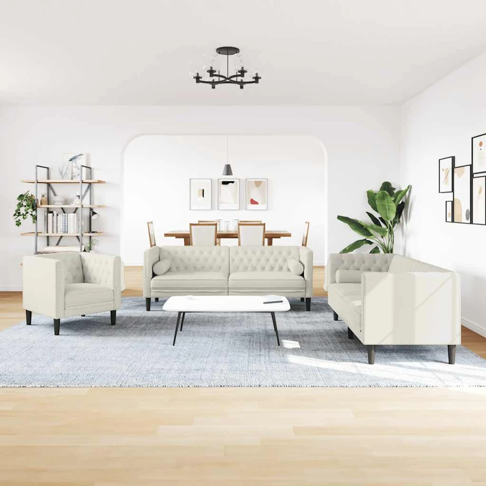 Sofa Chesterfield sofų komplektas su pagalvėlėmis, 3 dalių, kreminė