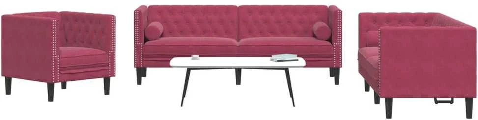 Sofa Chesterfield sofų komplektas su pagalvėlėmis, 3 dalių, raudona