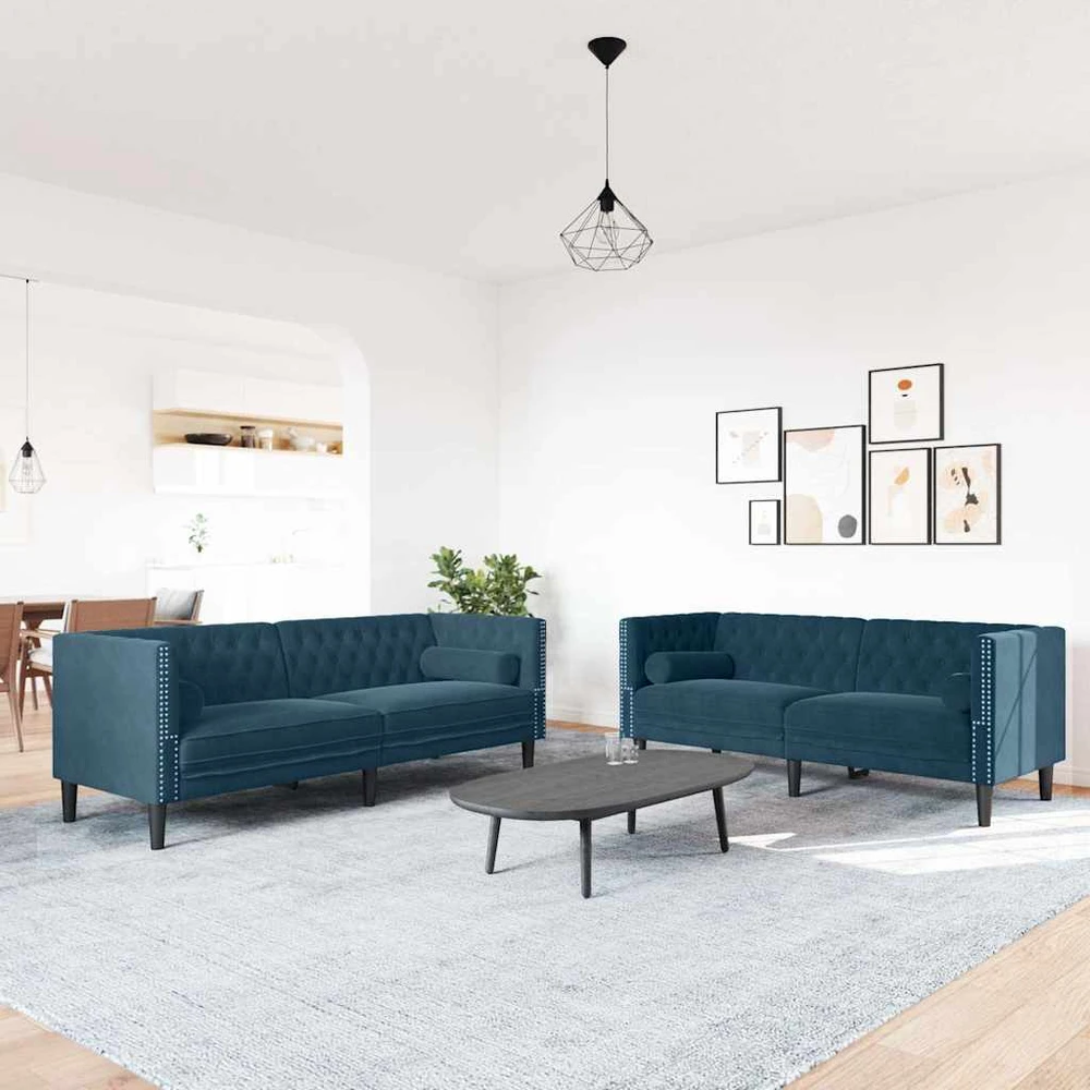 Sofa Chesterfield sofų komplektas su pagalvėlėmis, 2 dalių, mėlynas