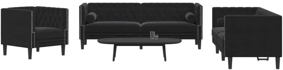 Sofa Chesterfield sofų komplektas su pagalvėlėmis, 3 dalių, juoda