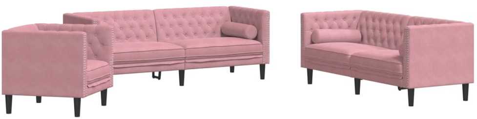 Sofa Chesterfield sofų komplektas su pagalvėlėmis, 3 dalių, rožinis