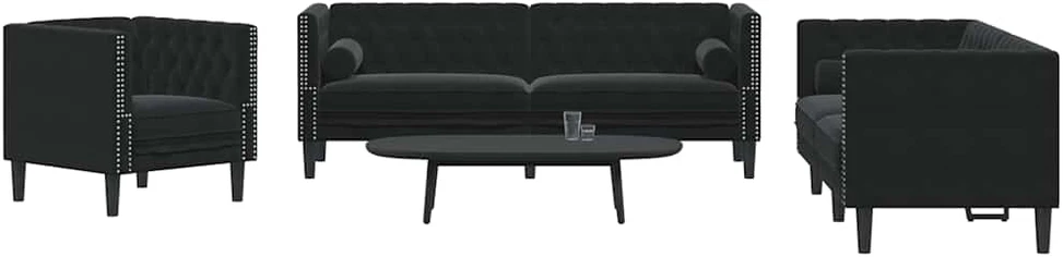 Sofa Chesterfield sofų komplektas su pagalvėlėmis, 3 dalių, juoda