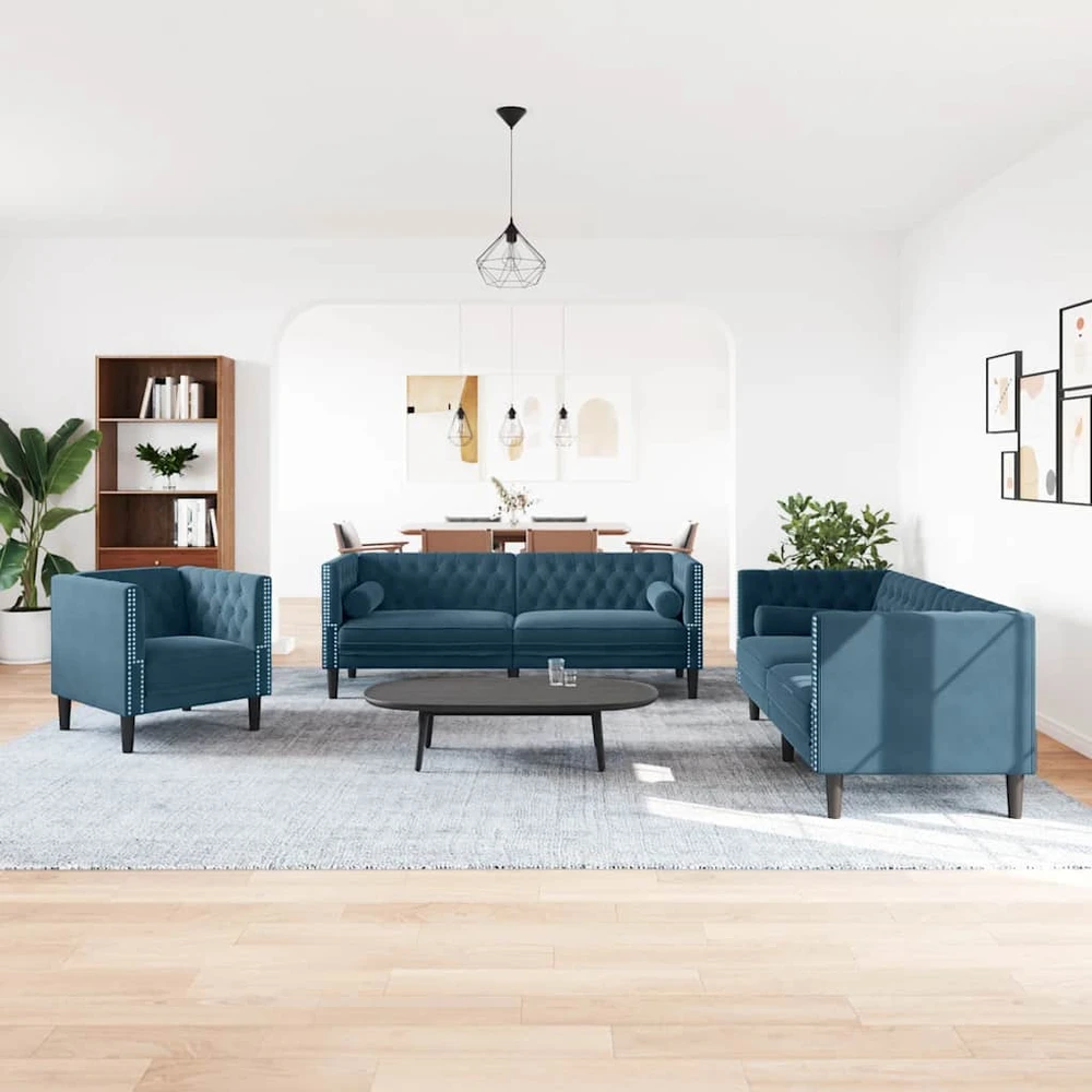 Sofa Chesterfield sofų komplektas su pagalvėlėmis, 3 dalių, mėlynas