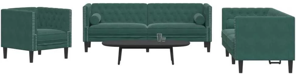 Sofa Chesterfield sofų komplektas su pagalvėlėmis, 3 dalių, žalia