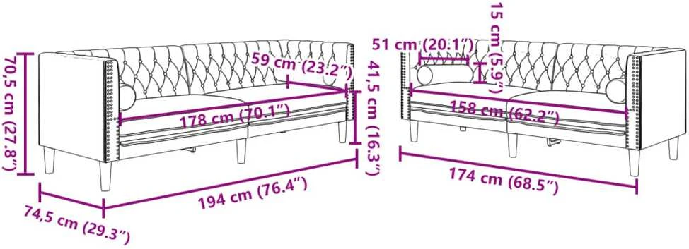 Sofa Chesterfield sofų komplektas su pagalvėlėmis, 2 dalių, žalia