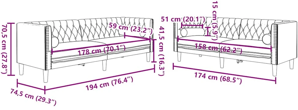 Sofa Chesterfield sofų komplektas su pagalvėlėmis, 2 dalių, žalia