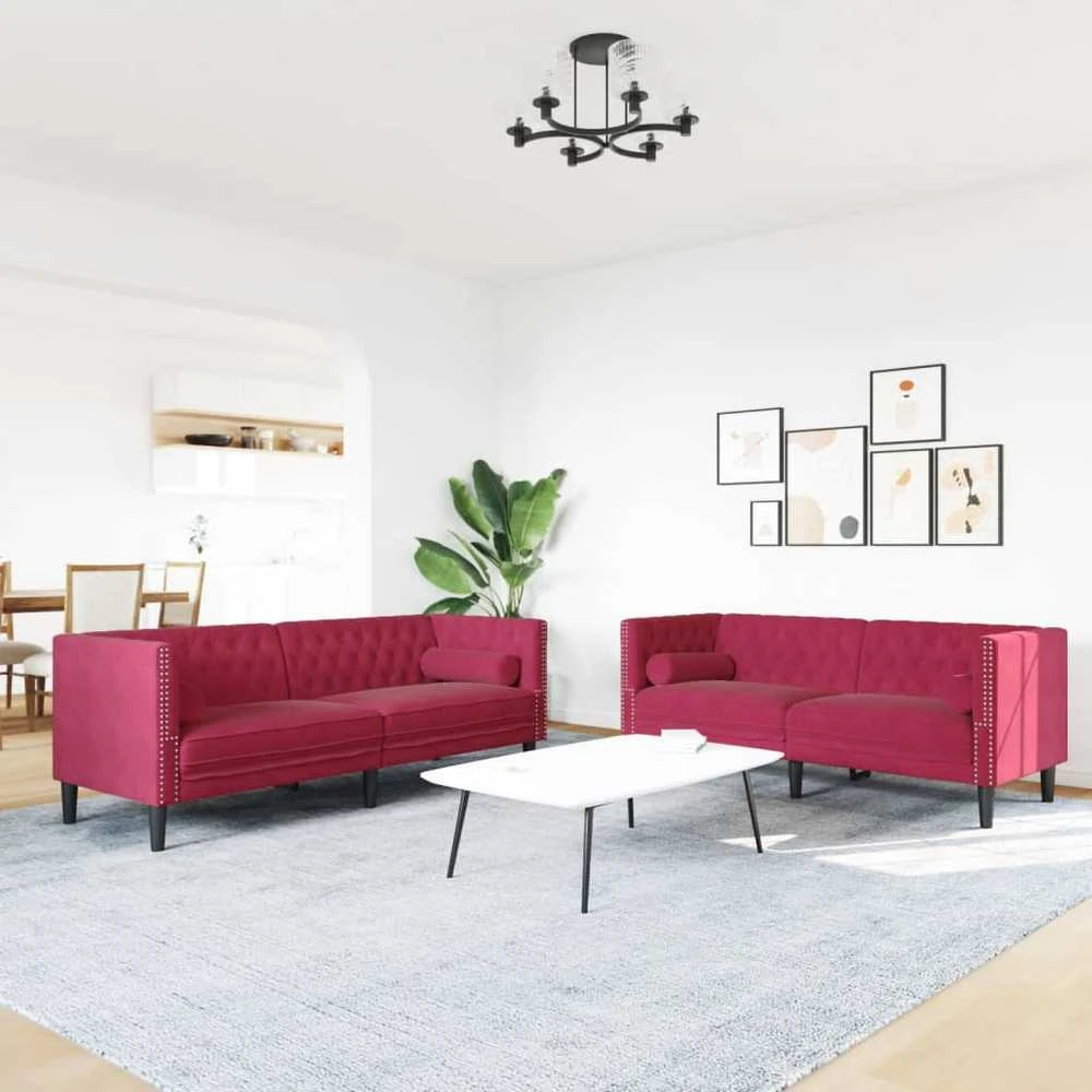 Sofa Chesterfield sofų komplektas su pagalvėlėmis, 2 dalių, raudona