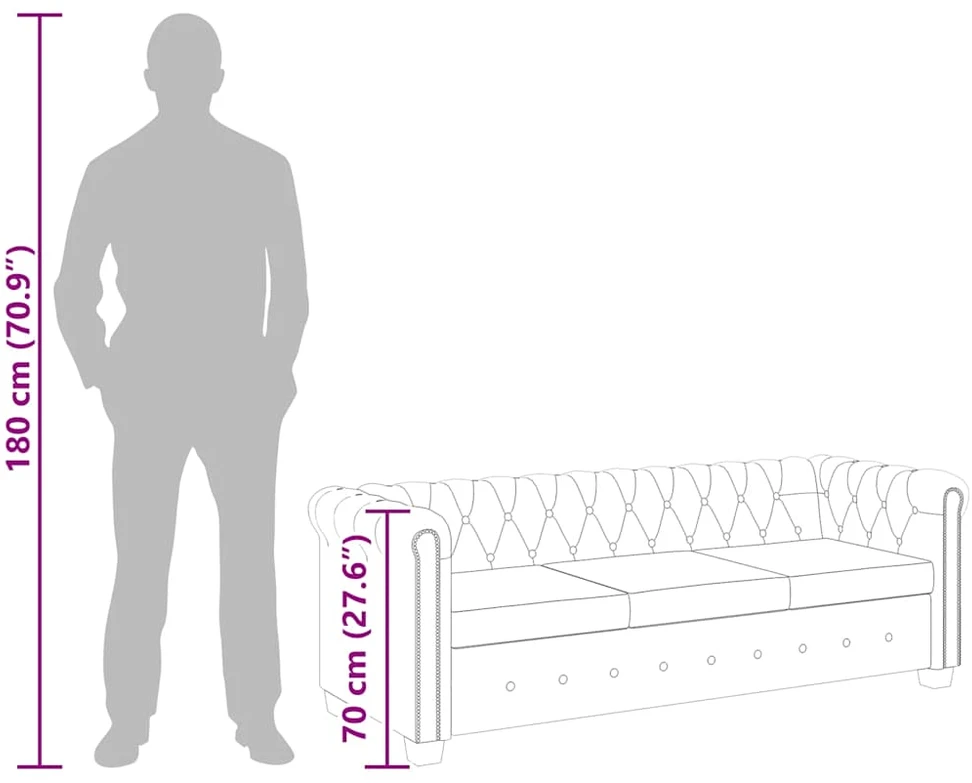 Chesterfield trivietė sofa, dirbtinė oda, ruda