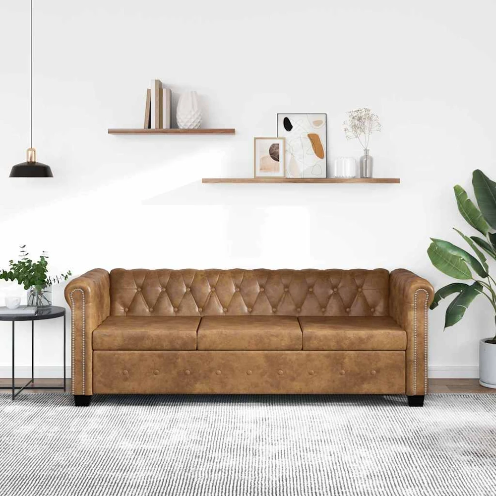 Chesterfield trivietė sofa, dirbtinė oda, ruda
