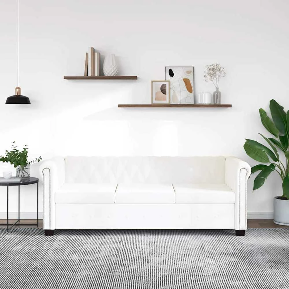 Chesterfield trivietė sofa, dirbtinė oda, balta