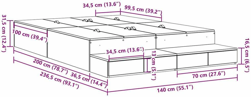 Lova su daiktų laikymo vieta Balta 140 cm Apdirbta mediena