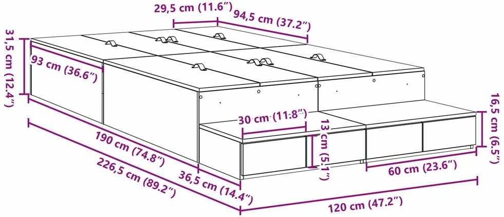 Lova su daiktų laikymo vieta su stalčių Pilkas Sonoma 120 cm