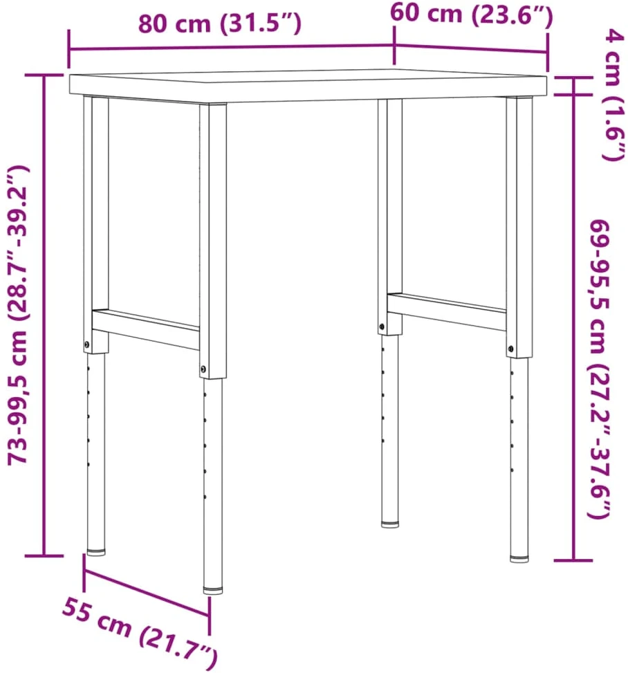 Darbastalis, 80x60x(73-99,5)cm, bukmedis, stačiakampis