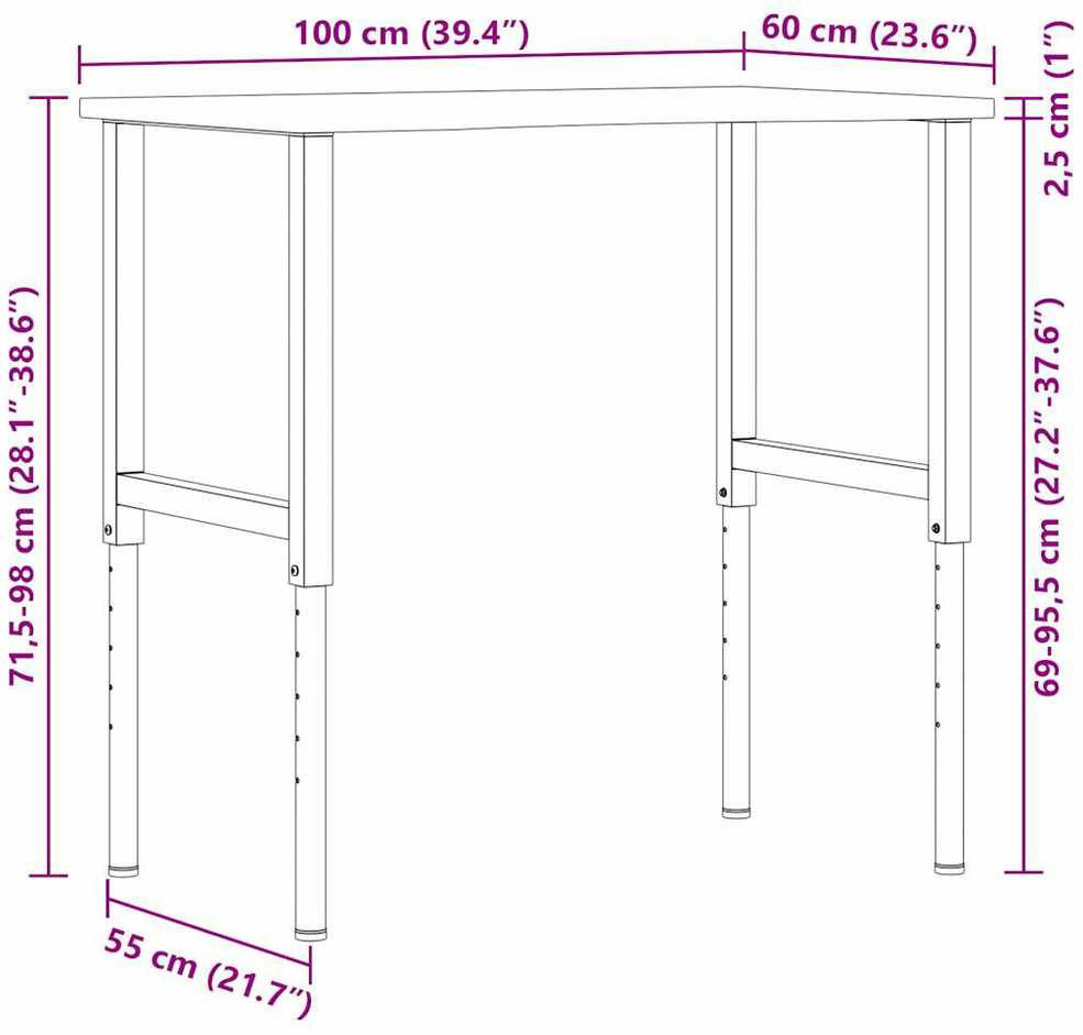 Darbastalis, tamsiai rudas, 100x60x(71,5-98)cm, ąžuolo masyvas