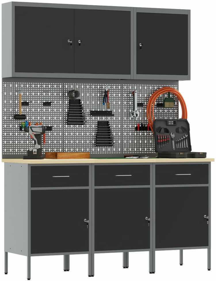 Darbastalis su stalčių 8 pcs Juoda 150 x 55 x 200 cm Plienas