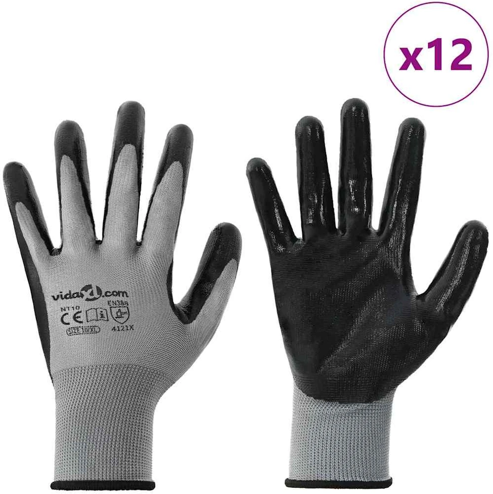 Darbo pirštinės 12 vnt. Pilka ir juoda 10 / xl Poliesteris