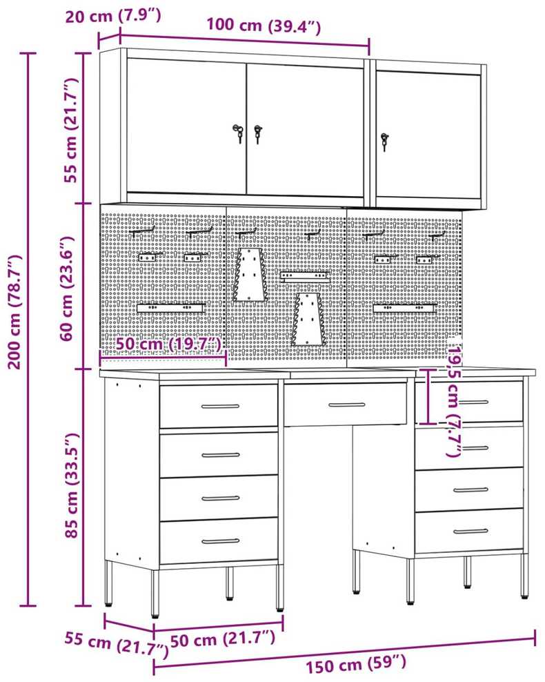 Darbo spinta 8 pcs Juoda Inžinerinė mediena ir plienas