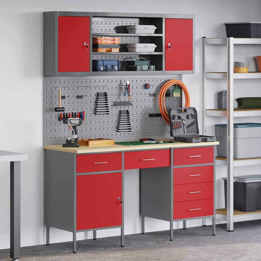 Darbo spinta 8 pcs Raudona Inžinerinė mediena ir plienas