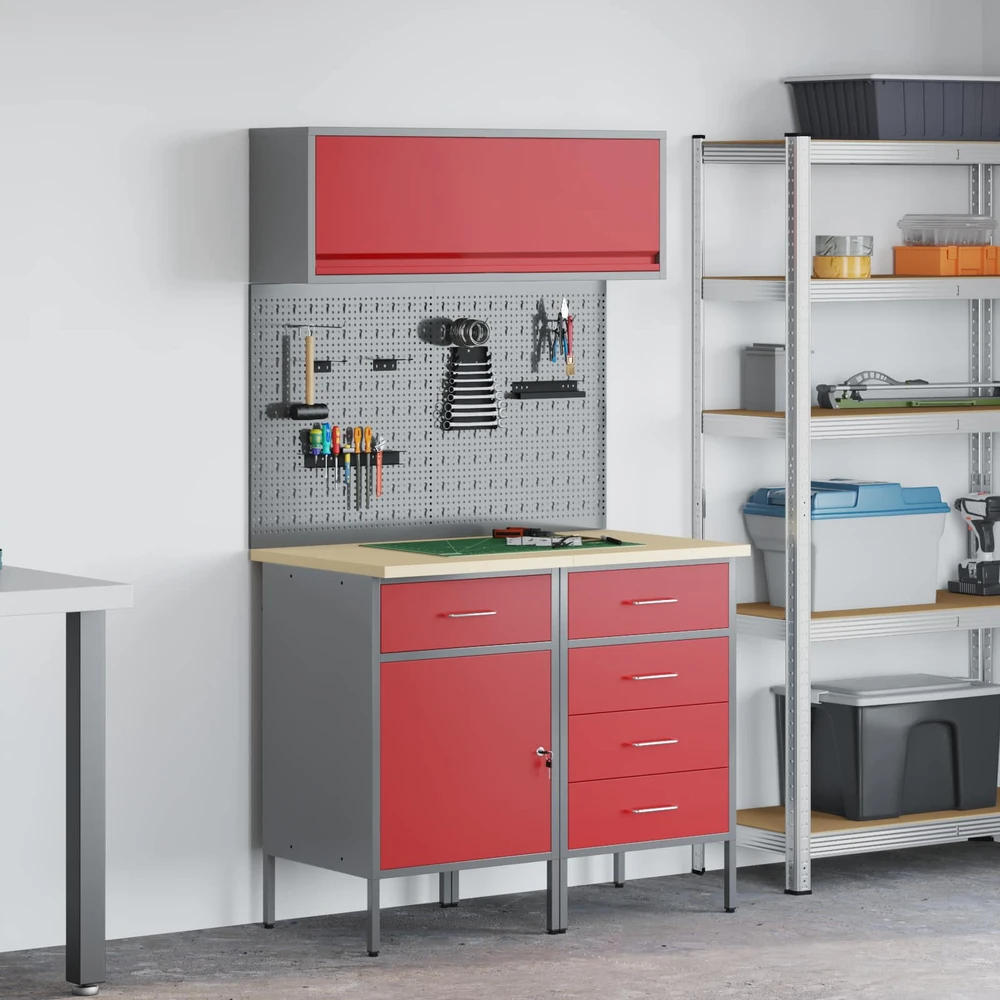 Darbo spintos rinkinys su stalčių su lentyna 5 vnt. Raudona