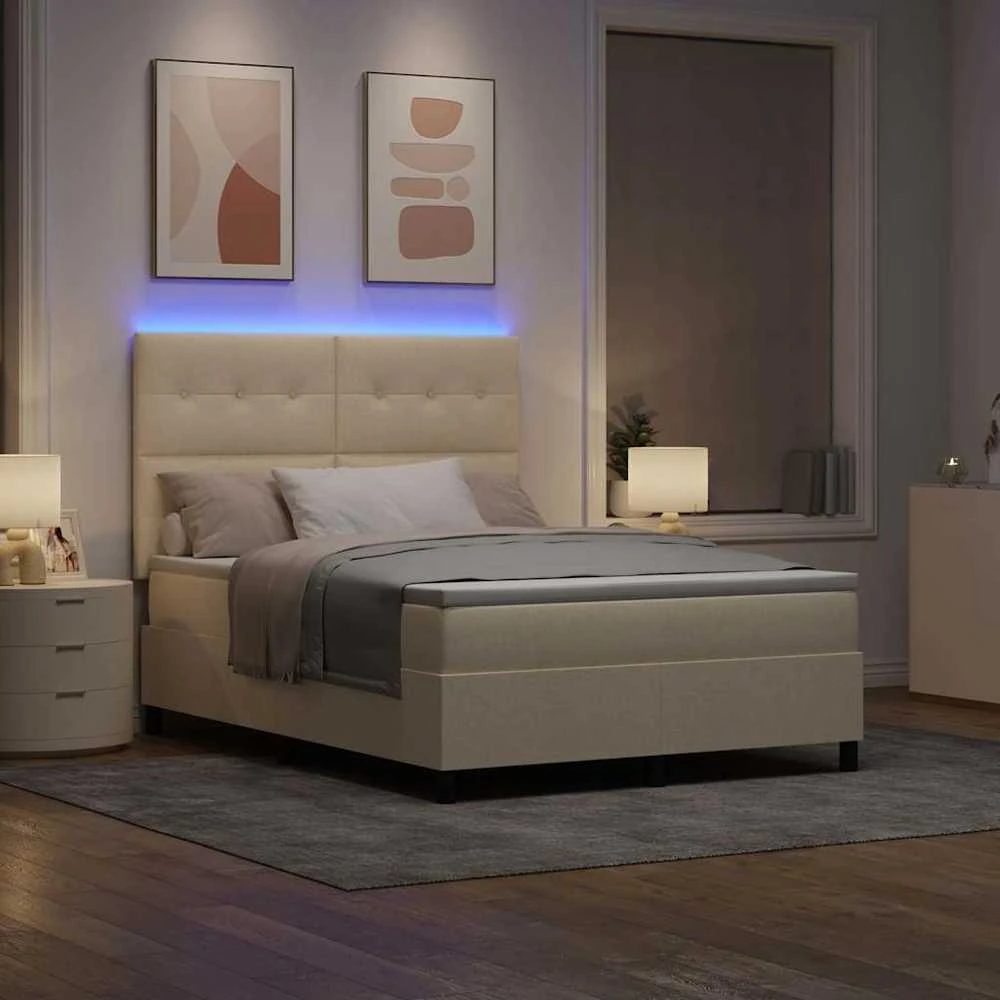 Kiemas lova su LED juostelėmis Kreminė 160 x 200 cm audinys