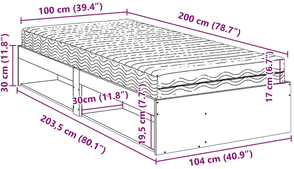 Dieninė lova su čiužiniu Balta 100x200 cm medžio masyvo pušis