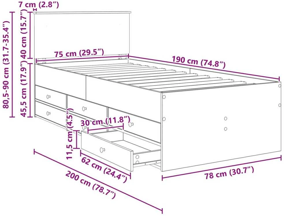 Dienos lova Balta ir juoda 75 x 190 cm Apdirbta mediena