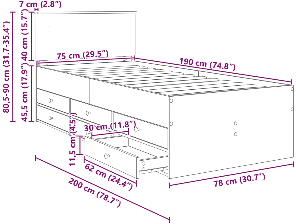 Dienos lova Rūkyto ąžuolo ir juoda 75 x 190 cm Apdirbta mediena