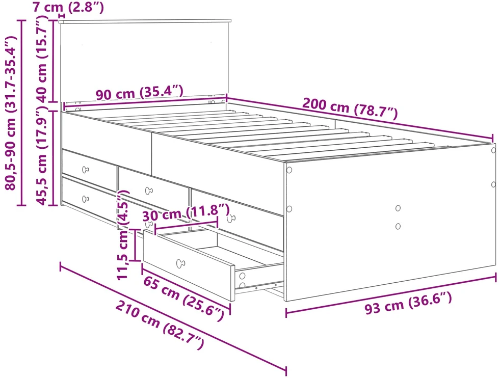 Dienos lova Rūkyto ąžuolo ir juoda 90 x 200 cm Apdirbta mediena