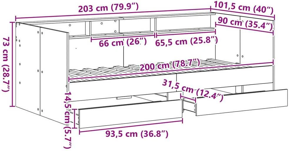 Dienos lova su stalčių Pilka 90 x 200 cm Apdirbta mediena