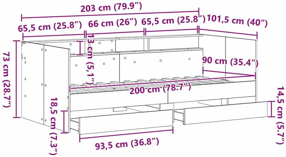 Dienos lova Senovinis medis 90 x 200 cm Apdirbta mediena