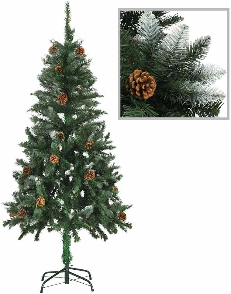 Dirbtinė kalėdinė eglutė su kankorėžiais ir baltu blizg., 150cm