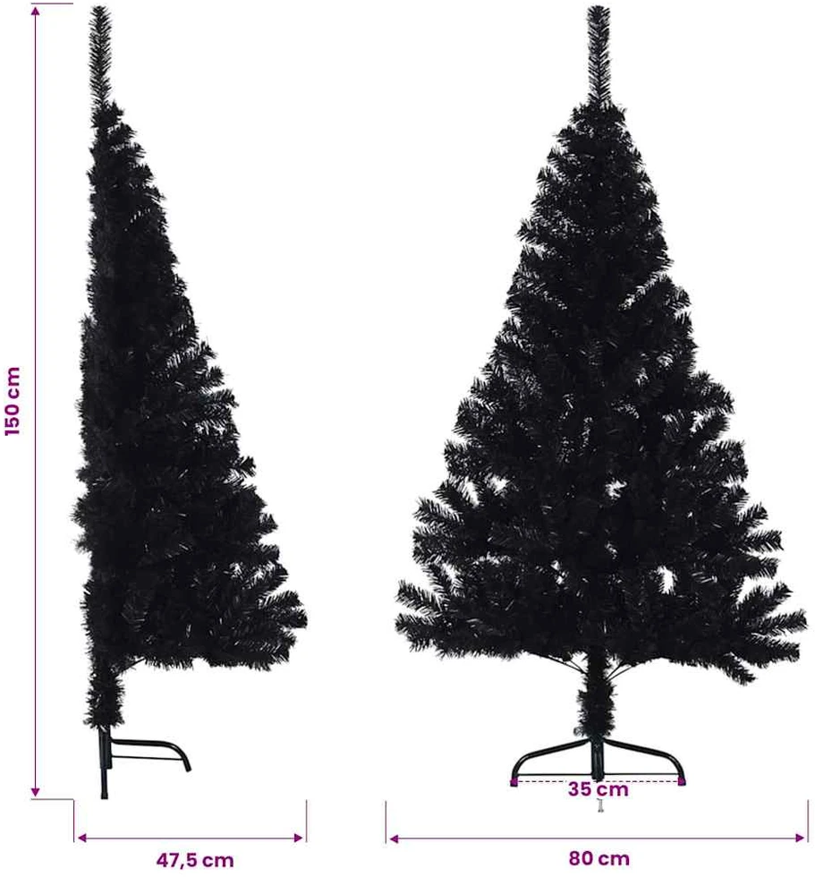 Dirbtinė pusinė Kalėdų eglutė su stovu, juoda, 150cm, PVC