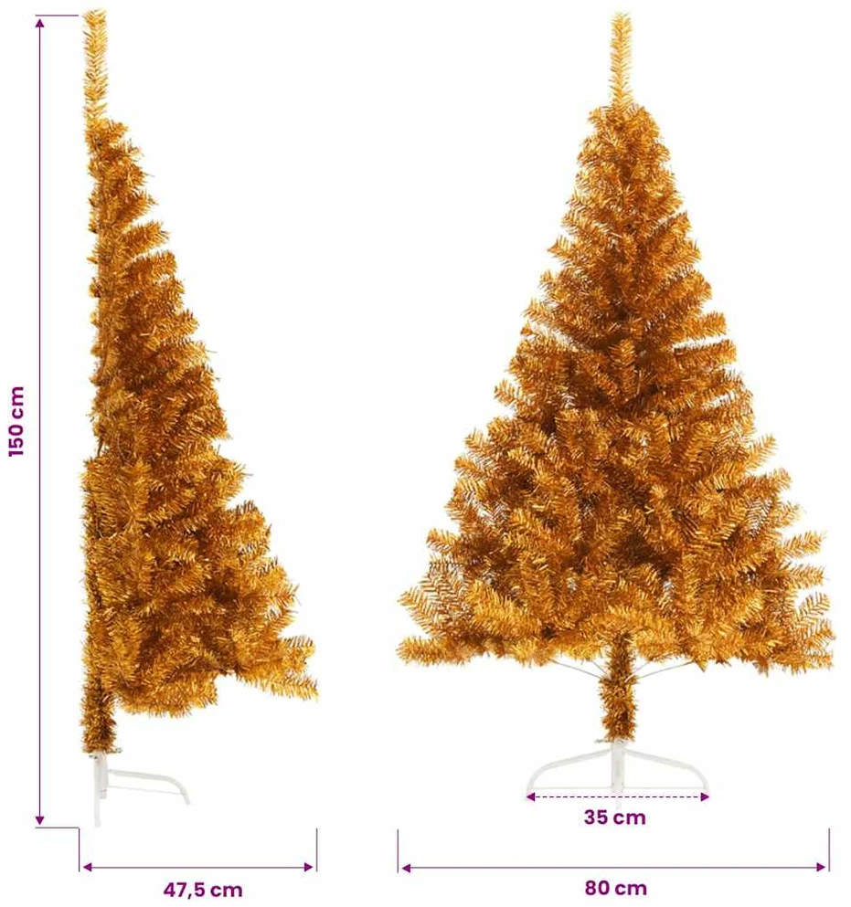 Dirbtinė pusinė Kalėdų eglutė su stovu, auksinė, 150cm, PET