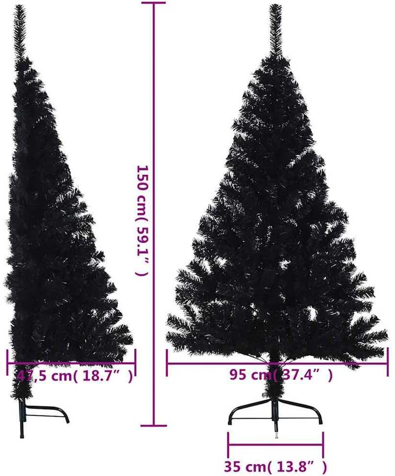 Dirbtinė pusinė Kalėdų eglutė su stovu, juoda, 150cm, PVC