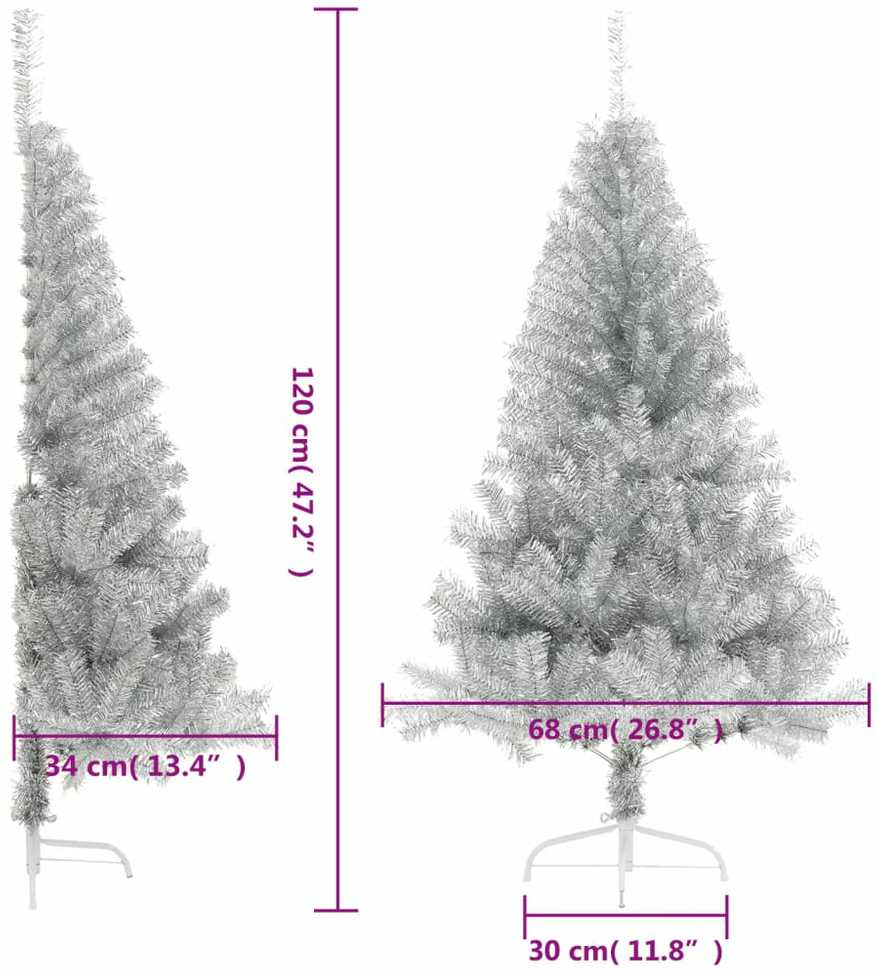 Dirbtinė pusinė Kalėdų eglutė su stovu, sidabrinė, 120cm, PET