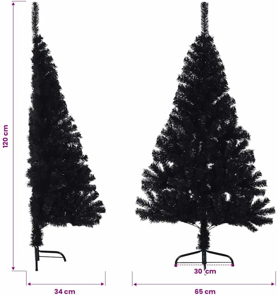 Dirbtinė pusinė Kalėdų eglutė su stovu, juoda, 120cm, PVC