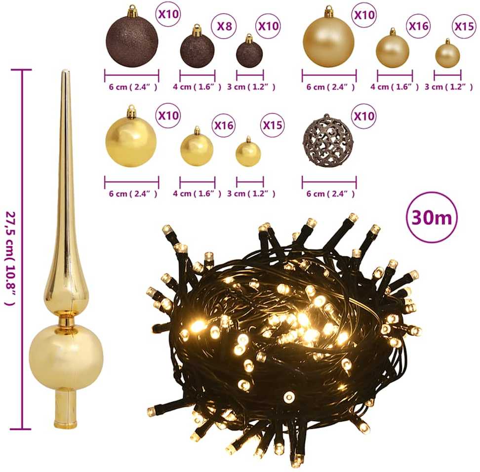 Dirbtinė pusinė Kalėdų eglutė su žaisliukais, balta, 210cm