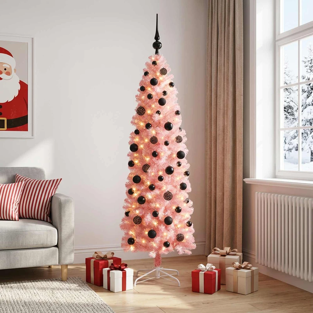 Dirbtinė siaura kalėdinė eglutė su žaisliukais 180 cm 300 LED