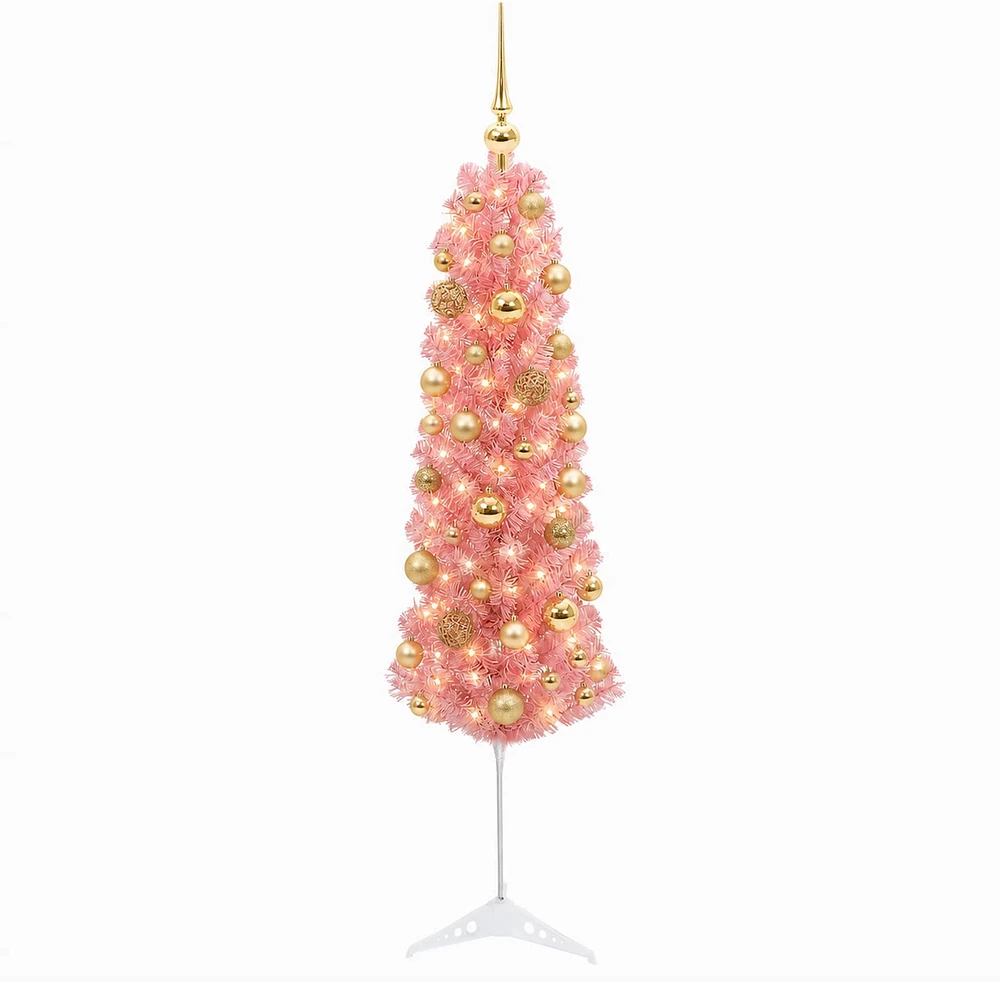 Dirbtinė siaura kalėdinė eglutė su žaisliukais 120 cm 150 LED