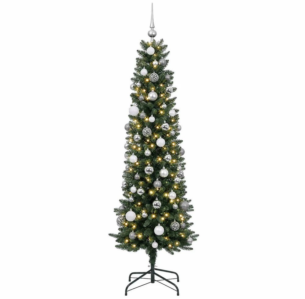 Dirbtinė siaura kalėdinė eglutė su žaisliukais 210 cm 300 LED