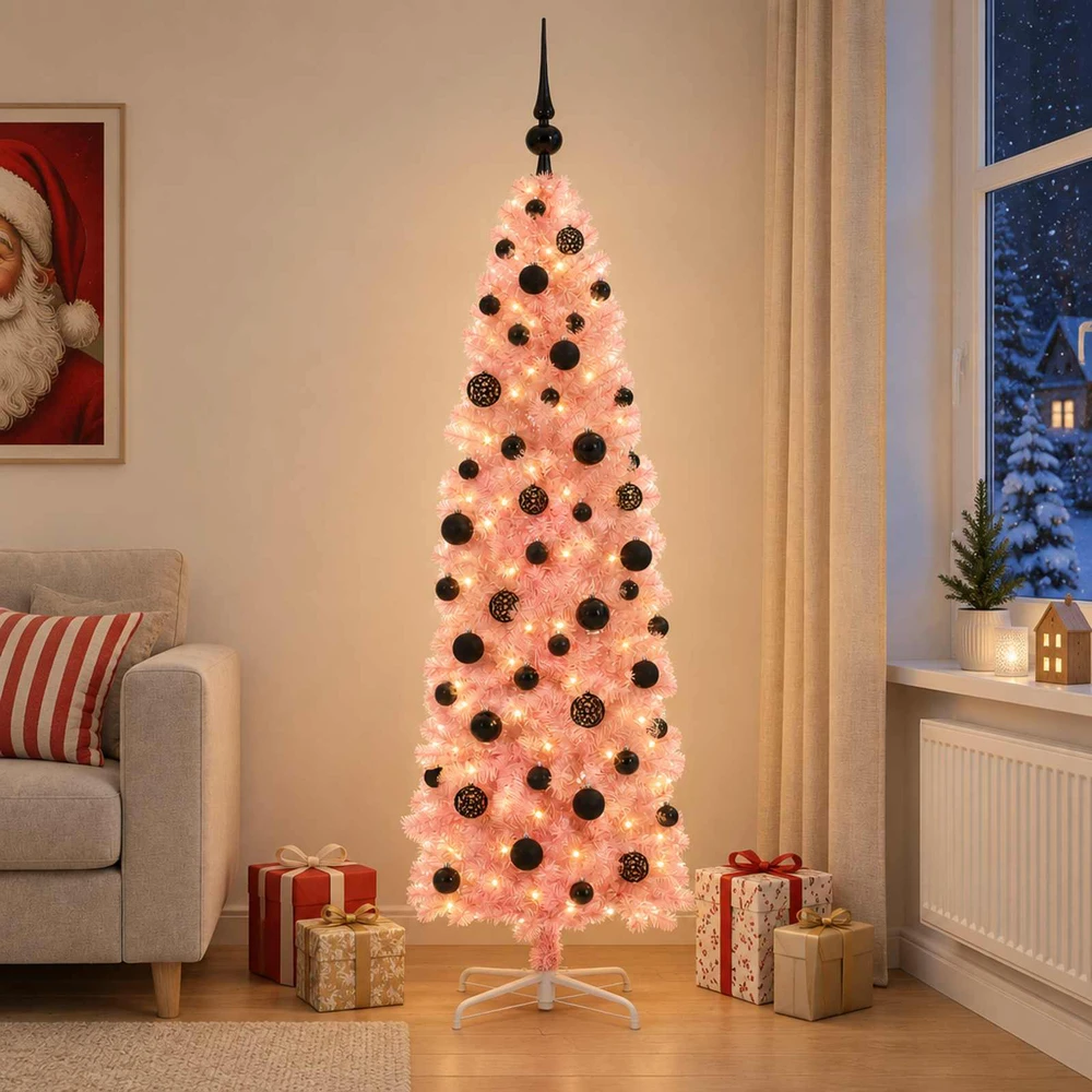 Dirbtinė siaura kalėdinė eglutė su žaisliukais 180 cm 300 LED