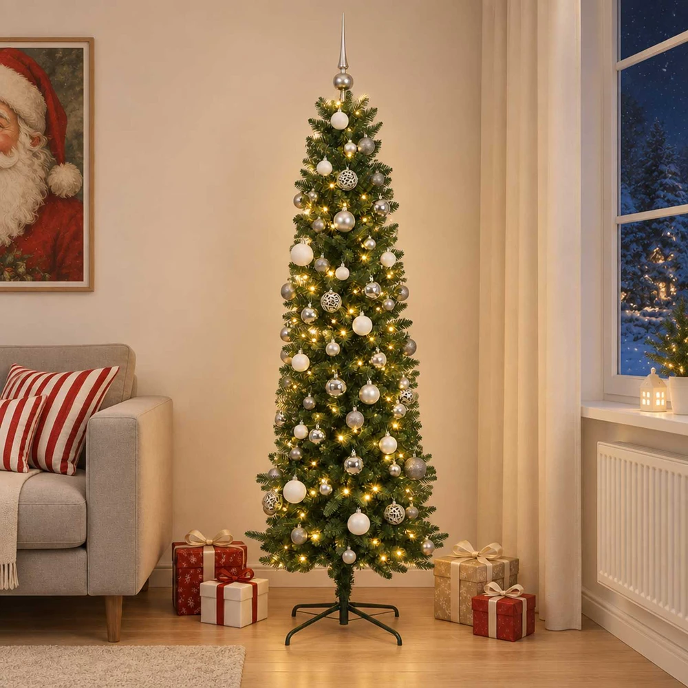 Dirbtinė siaura kalėdinė eglutė su žaisliukais 210 cm 300 LED