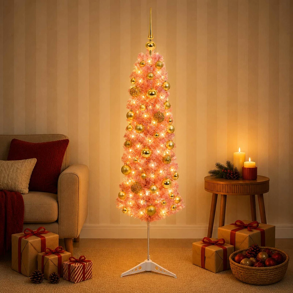 Dirbtinė siaura kalėdinė eglutė su žaisliukais 120 cm 150 LED