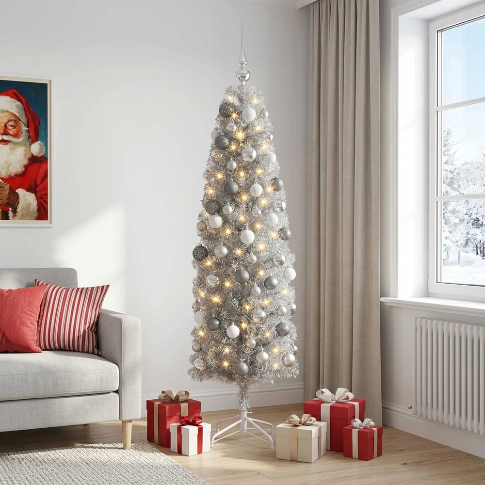 Dirbtinė siaura kalėdinė eglutė su žaisliuku 180 cm 300 LED