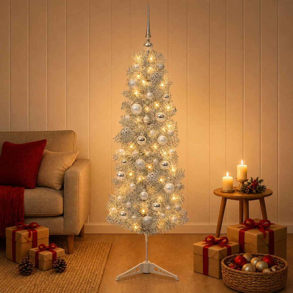Dirbtinė siaura kalėdinė eglutė su žaisliuku 150 cm 150 LED